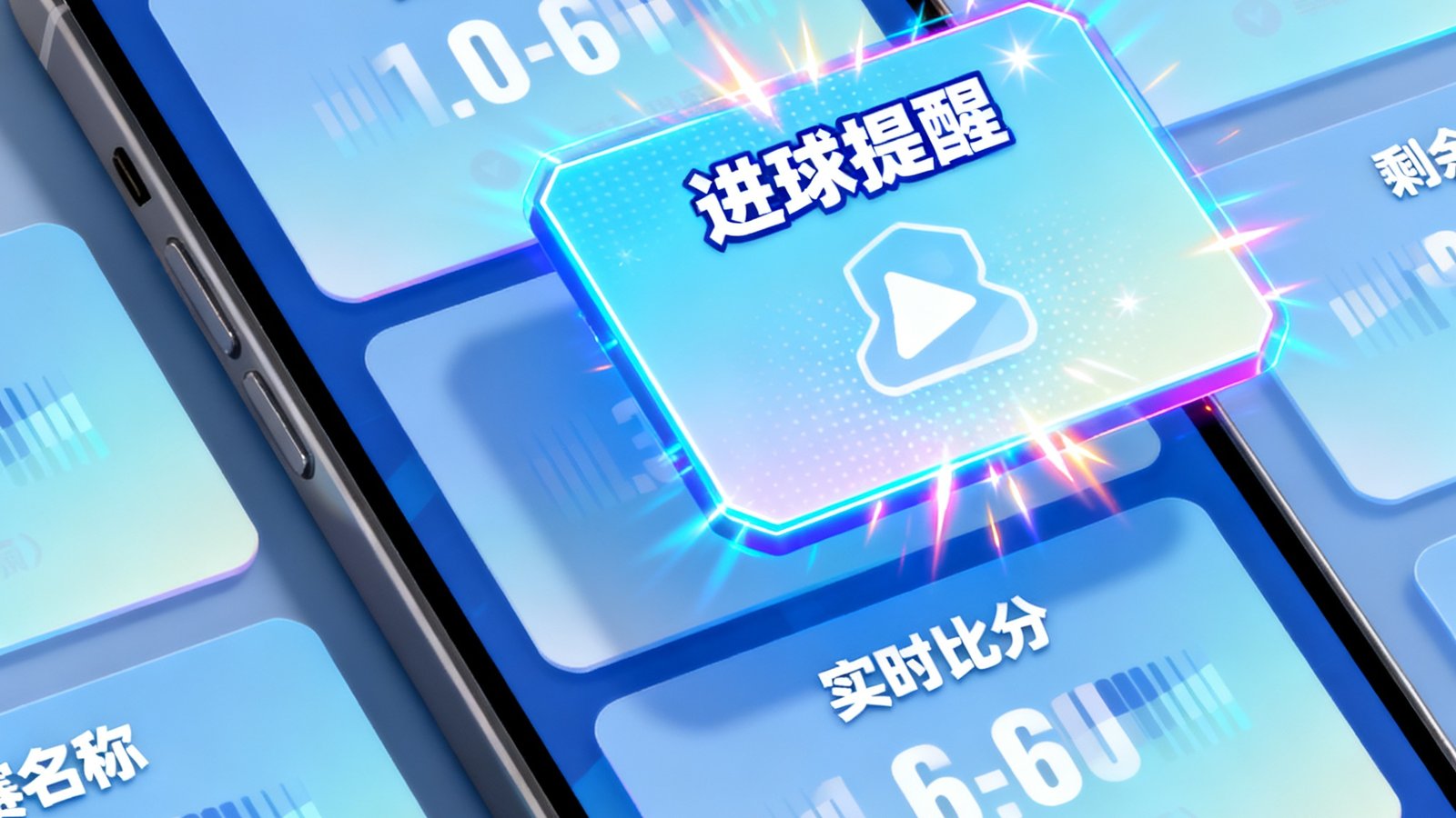看球直播闪电比分界面，手机屏幕上显示多场比赛的实时比分卡片，进球瞬间高亮弹出提醒，比分数字以动态效果滚动更新。