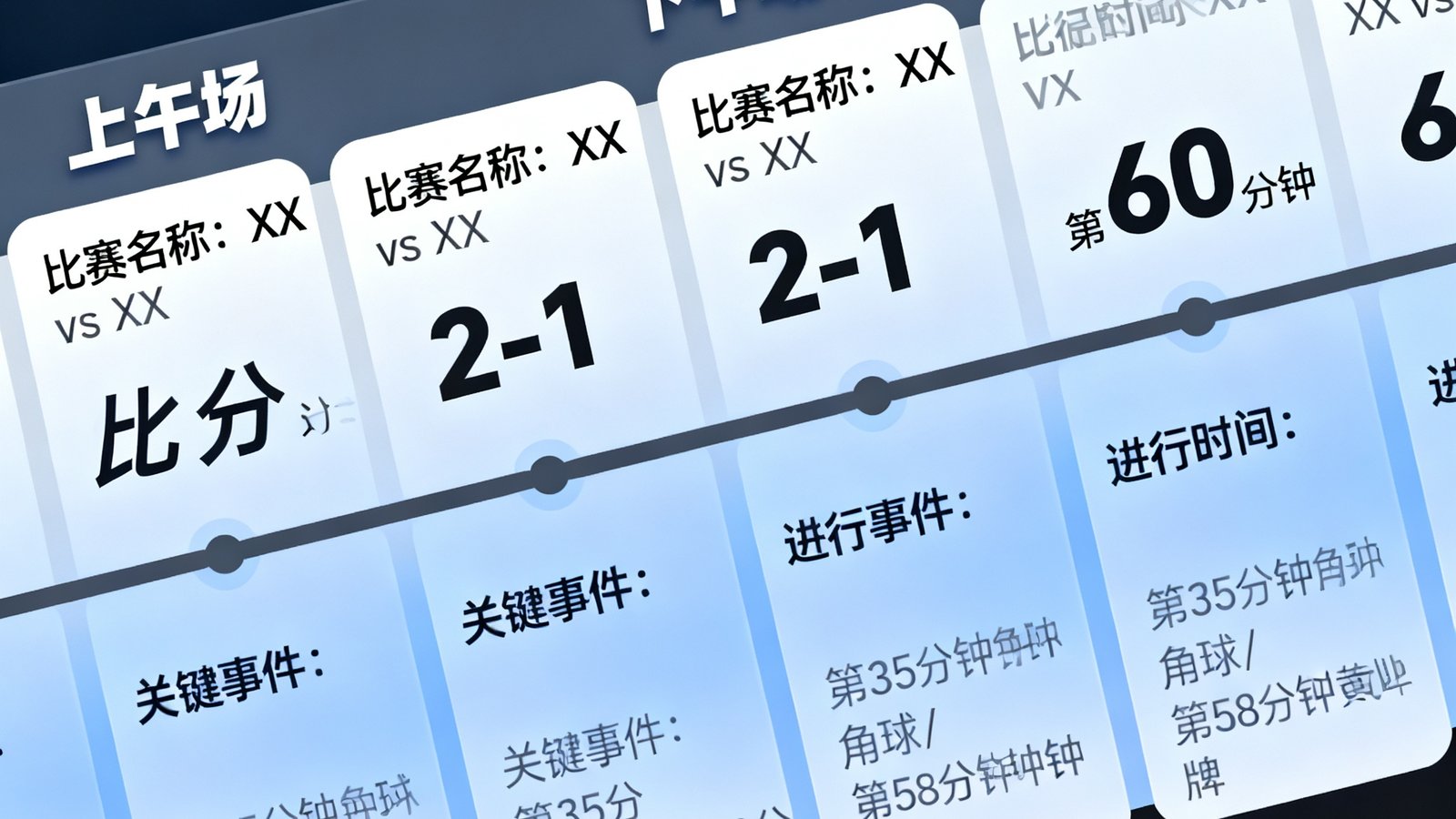 今日赛事进程总览界面，展示从上午到晚间多场比赛的实时状态卡片，包含比分、进行时间和关键事件标注，整体以时间轴形式排列。